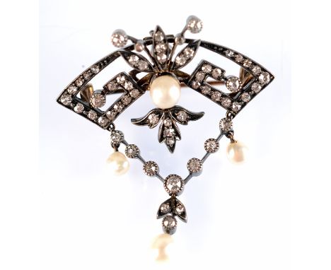 A belle epoch diamond and pearl brooch/pendant, boxed. Condition Report: Very good condition, diamonds bright, original pin w