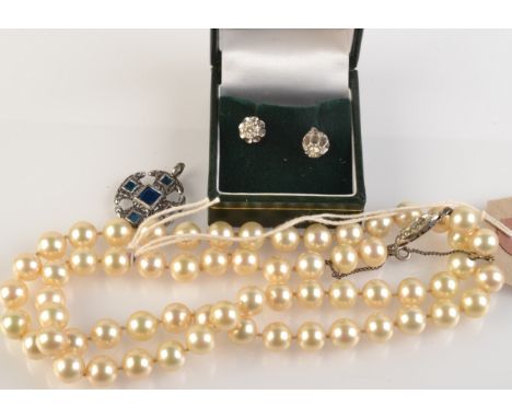 A pair of cultured pearl earrings, a cultured single pearl necklace and one double simulated pearl necklace.