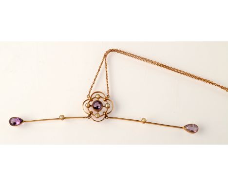 An Edwardian amethyst and pearl gold pendant and chain.