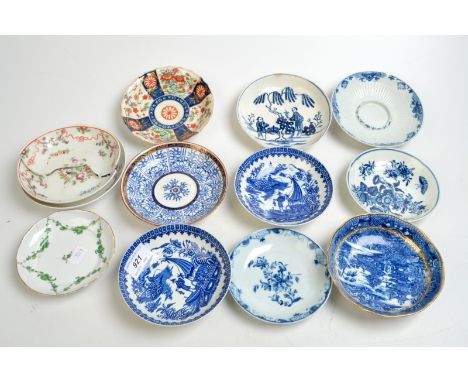 18th century saucers by Worcester, New Hall and others, damage. Condition Report: Fisherman saucers: both cracked and one is 