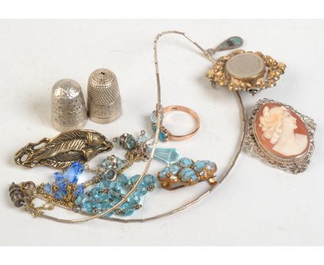 A 9ct. gold opal doublet ring, other jewellery and two silver thimbles.