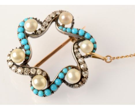 A pretty late Victorian gold brooch in the form of six, co-joined S scrolls, alternately set with diamonds and turquoise, a s