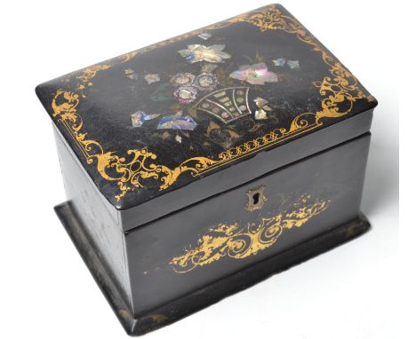 A small, William IV, papier mache, painted, gilt and mother of pearl inlaid tea caddy. 