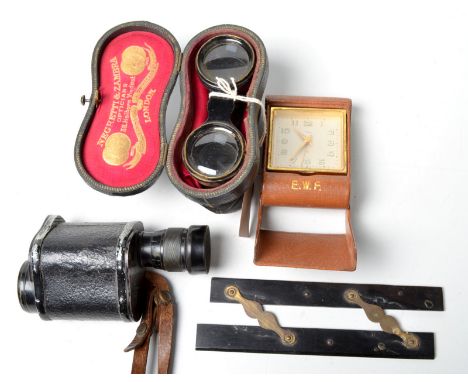 A pair of opera glasses by 'Negretti & Zambra' the case with medal date 1862 and an ex W.D. 8 x 30 monocular, together with a