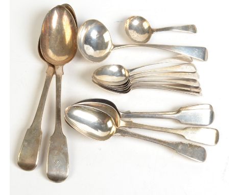 Silver spoons, including a set of Victorian teaspoons, Georgian caddy spoon, a Georgian basting spoon etc., 15.4ozs.