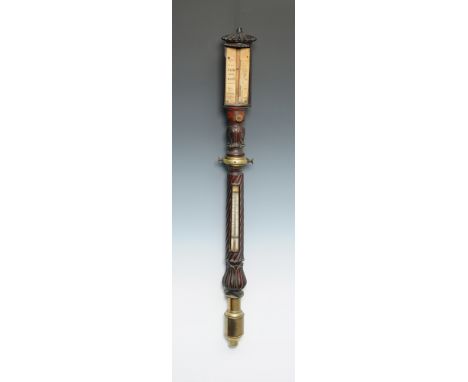 A good ship's carved mahogany stick barometer by B. Parlasca, Liverpool, the two ivory scales beneath a pagoda fluted top, th