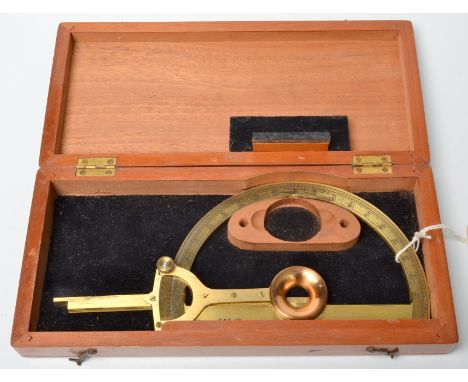 A War Department brass 180 degree protractor by S&S Ltd. Mahogany box.