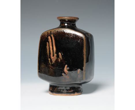 A Bernard Leach Tenmoku glaze slab bottle vase with finger wipe resist decoration, personal and pottery seals, height 18.5cm.