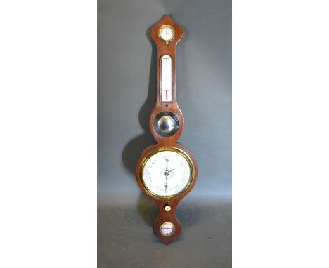 A 19th Century Mahogany Wheel Barometer Thermometer with ivory vernier and silvered dials, 94 cms long 