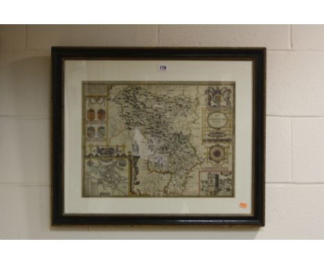 JOHN SPEEDE, after a two page map, Darbieshire having coats of arms, compass points and Buxton and Darbye Street map details,