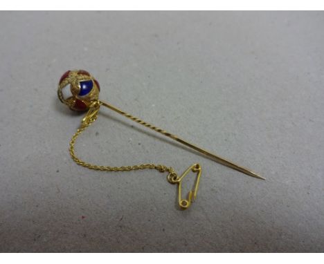 A GOLD STICK PIN, with a ball set with hardstones