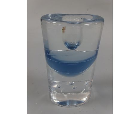 AN ITTALA FINNISH GLASS CANDLESTICK, of oval form having internal bubbling to blue hues, approximately 13.5cm high (Made in F