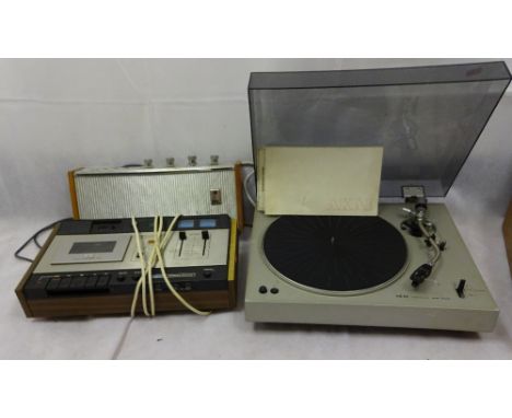 AN AKAI AP-001 TURNTABLE, an Ultra record player, a BRC Transistor Radio, an Akai GXC-38D tape player and a pair of Leak 2020