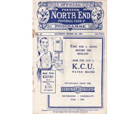 PRESTON - LEICESTER 1934  Preston home programme v Leicester, 3/3/1934, Cup, Leicester won the 6th Round tie 1-0 with a Chand