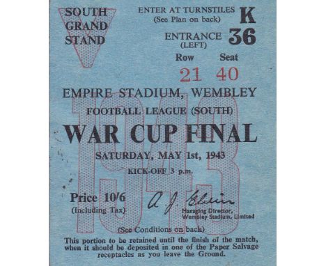 1943 WAR CUP FINAL SOUTH TICKET   Reserved seat ticket, War Cup Final, 1943. Arsenal defeated Charlton 7-1 at Wembley.  Good