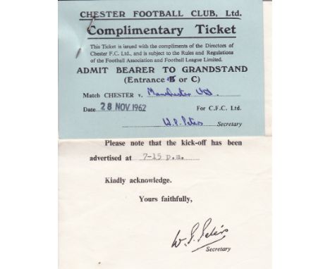 CHESTER-MAN UTD 62   Ticket and programme for the Lancashire Cup Tie, Chester v Manchester United, 28/11/62 at Chester. Forme