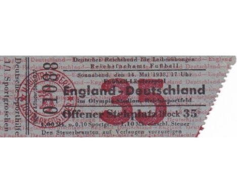 TICKET GERMANY-ENGLAND 1938    Ticket, Germany v England, 14/5/1938, in Berlin. Open standing place. Piece off end on entry. 