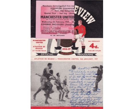 MANCHESTER UNITED-ATHLETICO BILBAO 57   Programme and ticket for Manchester United v Atletico Bilbao, 6/2/57 at Maine Road, M