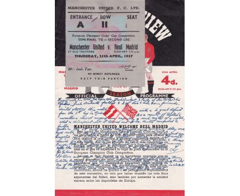 MANCHESTER UNITED-REAL MADRID 57   Programme and ticket for European Cup Semi-Final, Manchester United v Real Madrid, 25/4/57