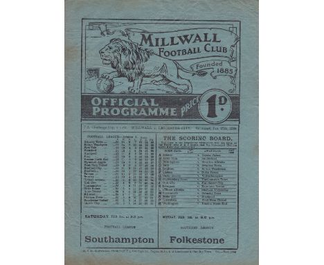 MILLWALL - LEICESTER 1934  Millwall home programme v Leicester, 27/1/1934, Cup, Leicester won this tie, 6-3 at The Den.  Slig