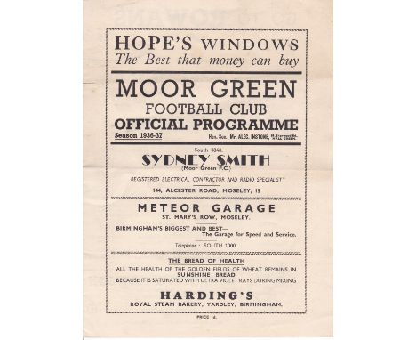 MOOR GREEN v NOTTM FOREST     Four page issue for Midland Mid-week League match played 3 Apr 1937, light vertical fold, no wr