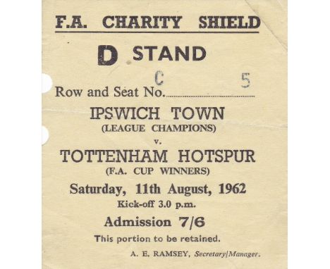 CHARITY SHIELD TICKET 1962    Seat ticket for Ipswich v Tottenham, 11/8/62, Charity Shield at Portman Road. Left edge has bee