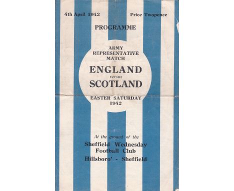 1942 AT SHEF WED    Official programme, England v Scotland, Army Representative match, 4/4/42 at Shef Wed. Four page issue, f