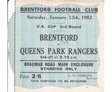 BRENTFORD - QPR 1952   Ticket for Brentford v QPR, 12/1/52, FA Cup, Braemar Road Enclosure.  Good