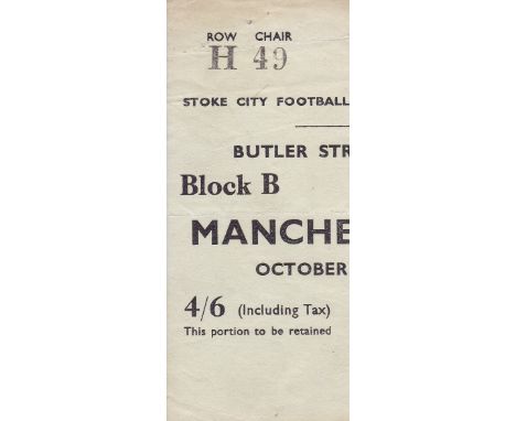 STOKE - MAN UTD TICKET 48     Ticket stub, Stoke v Man Utd, 16/10/48, Butler Street stand, Block B.   Generally good