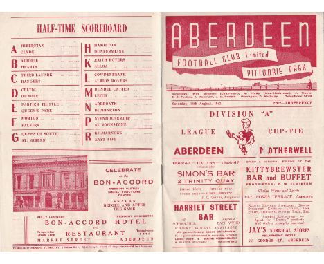 ABERDEEN v MOTHERWELL     Programme for Division "A" League Cup Tie match played 16 Aug 1947, no writing, horizontal fold, sl
