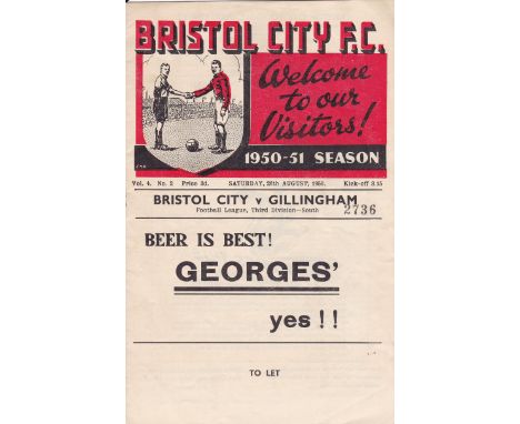 BRISTOL CITY v GILLINGHAM     Programme dated 26 Aug 1950, Gillingham's first away game in the League following re-election, 