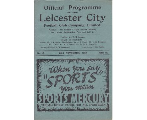 LEICESTER-PLYMOUTH 1935   Leicester home programme v Plymouth, 23/11/1935, includes Portrait Gallery insert, fold, slight cre
