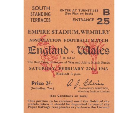ENGLAND-WALES 43 TICKET     Ticket for England v Wales, 27/2/43 at Wembley. South Terraces.   Good