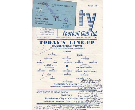 FA CUP SECOND REPLAY 57   Manchester City single sheet programme, Huddersfield v Sheffield United, 14/1/57, Cup Second Replay