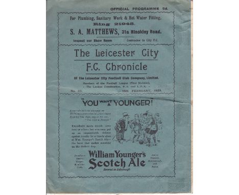 LEICESTER - BOLTON 1929  Large format Leicester home programme v Bolton, 16/2/1929, Cup. Bolton won the Cup this season and d