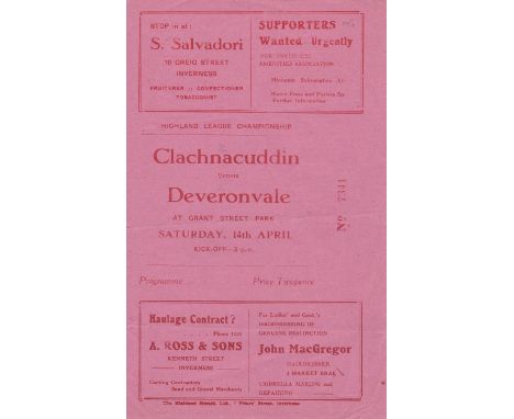 CLACHNACUDDIN v DEVERONVALE     Four page issue for Highland League Championship match played at Grant Street Park 14 Apr 195