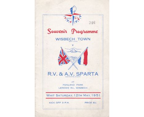 F.O.B - WISECH TOWN v R.V & A.V SPARTA     Programme for match played at Fenland Park 12 May 1951, rusty staples, small split