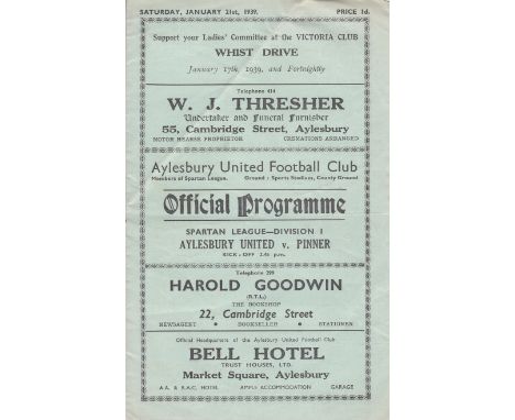 AYLESBURY UTD     League match v Pinner played 21 Jan 1939, light creasing.     Fair/Generally Good