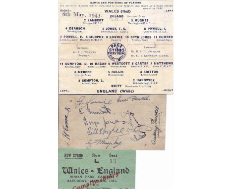 WALES v ENGLAND 1943 / AUTOGRAPHS       Team line-ups cut from the programme plus seat ticket which has been cut in half but 