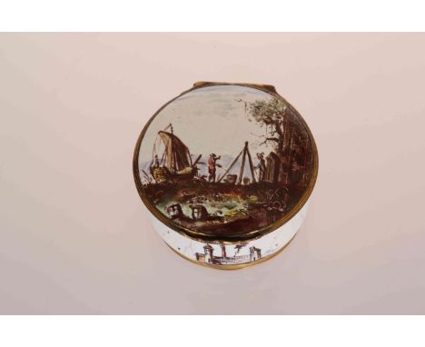 A SOUTH STAFFORDSHIRE ENAMEL PATCH BOX, LATE 18TH CENTURY, circular, the hinged cover painted with a boat and figures, the in
