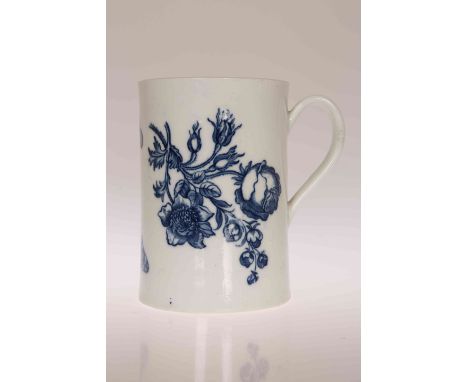 A WORCESTER CYLINDER MUG, c.1760-70, underglaze blue decorated with "The Natural Sprays Group" pattern, with moulded handle, 