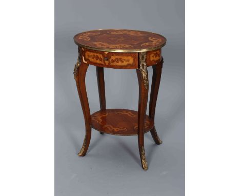 A LOUIS XV STYLE FLORAL MARQUETRY OCCASIONAL TABLE, the oval top above a frieze drawer, raised on cabriole legs with ribbon a