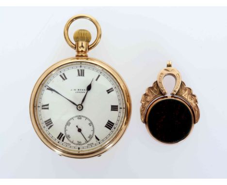 J.W. BENSON, A 9 CARAT GOLD OPEN FACE TOP WIND POCKET WATCH, London 1931, the white enamel dial with Roman numerals and subsi