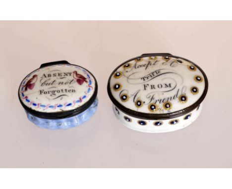 TWO BILSTON ENAMEL PATCH BOXES, 18TH CENTURY, each oval, the first inscribed to the hinged cover Accept A Trifle From A Frien