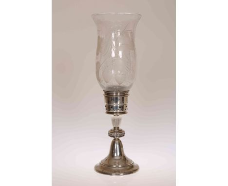 A SILVER AND ETCHED GLASS CANDLE LAMP, Sheffield 1977, the knopped silver base with a band of Celtic inspired decoration and 