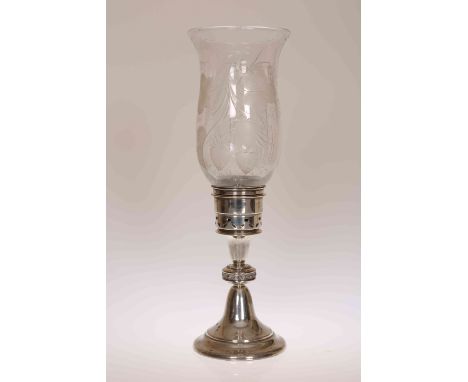 A SILVER AND ETCHED GLASS CANDLE LAMP, Sheffield 1977, the knopped silver base with a band of Celtic inspired decoration and 