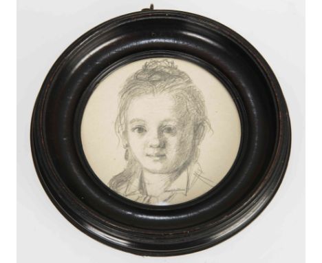 A PORTRAIT MINIATURE OF A CHILD, circular, pencil, bears label verso ANNA ALLISON C.1860-1940, framed. 90mm