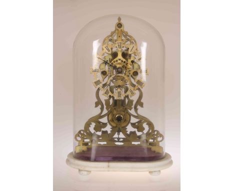 A VICTORIAN BRASS SKELETON CLOCK, the opposing scroll cast frames joined by five pillars, single fusee chain driven movement,