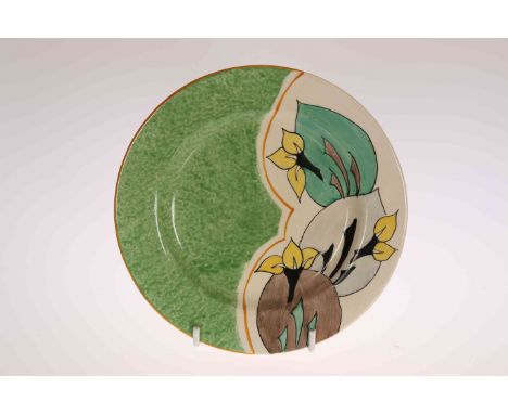 "GREEN COWSLIP", A CLARICE CLIFF PLATE, c. 1933-34, circular, painted with stylised flowers and leaves, green cafe-au-lait sh