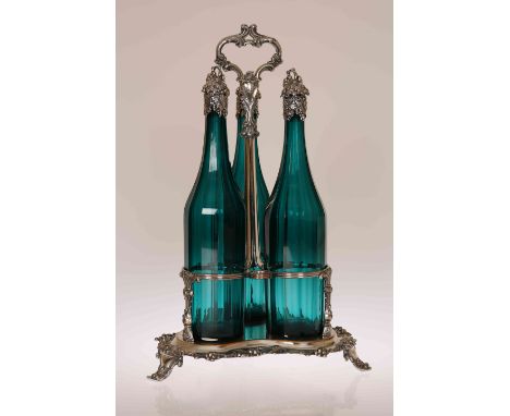 A FINE OLD SHEFFIELD PLATE THREE BOTTLE STAND, the trefoil shaped base crisply cast with fruiting vine and acanthus, holding 